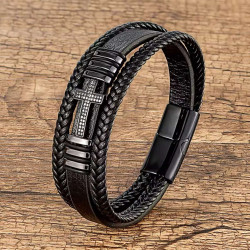 Δερμάτινο Βραχιόλι με Ανοξείδωτο Σταυρό Zircon