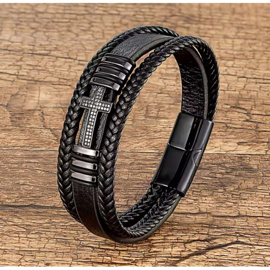Δερμάτινο Βραχιόλι με Ανοξείδωτο Σταυρό Zircon Δερμάτινο Βραχιόλι με Ανοξείδωτο Σταυρό Zircon