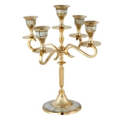 Five candle brass candlestick with mother of pearl.