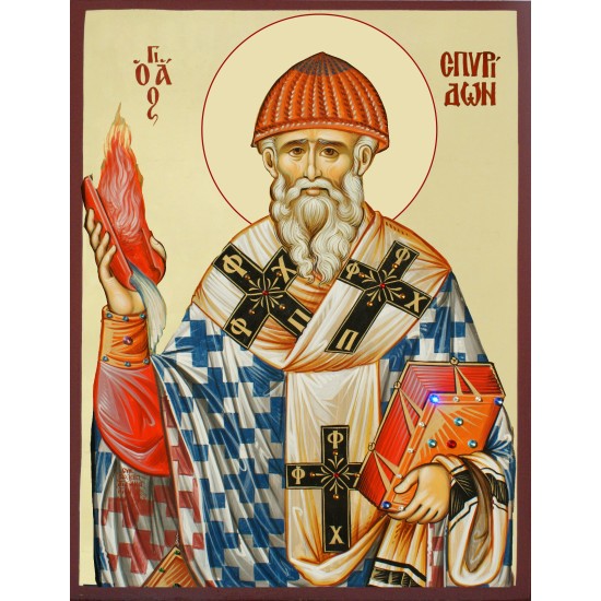 Χειροποίητη Ξύλινη Eικόνα του Αγίου Σπυρίδωνα Αγιογραφημένη στο περιβόλι της Παναγίας 25 Χ 35