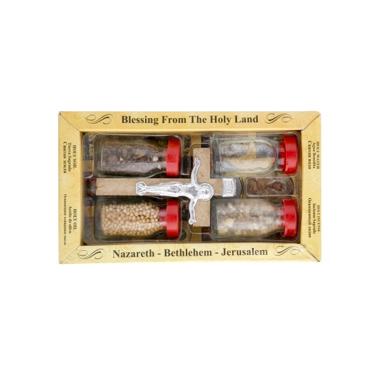 Κουτί ευλογία από Ιεροσόλυμα με χώμα, αγιασμό, λάδι και σταυρό